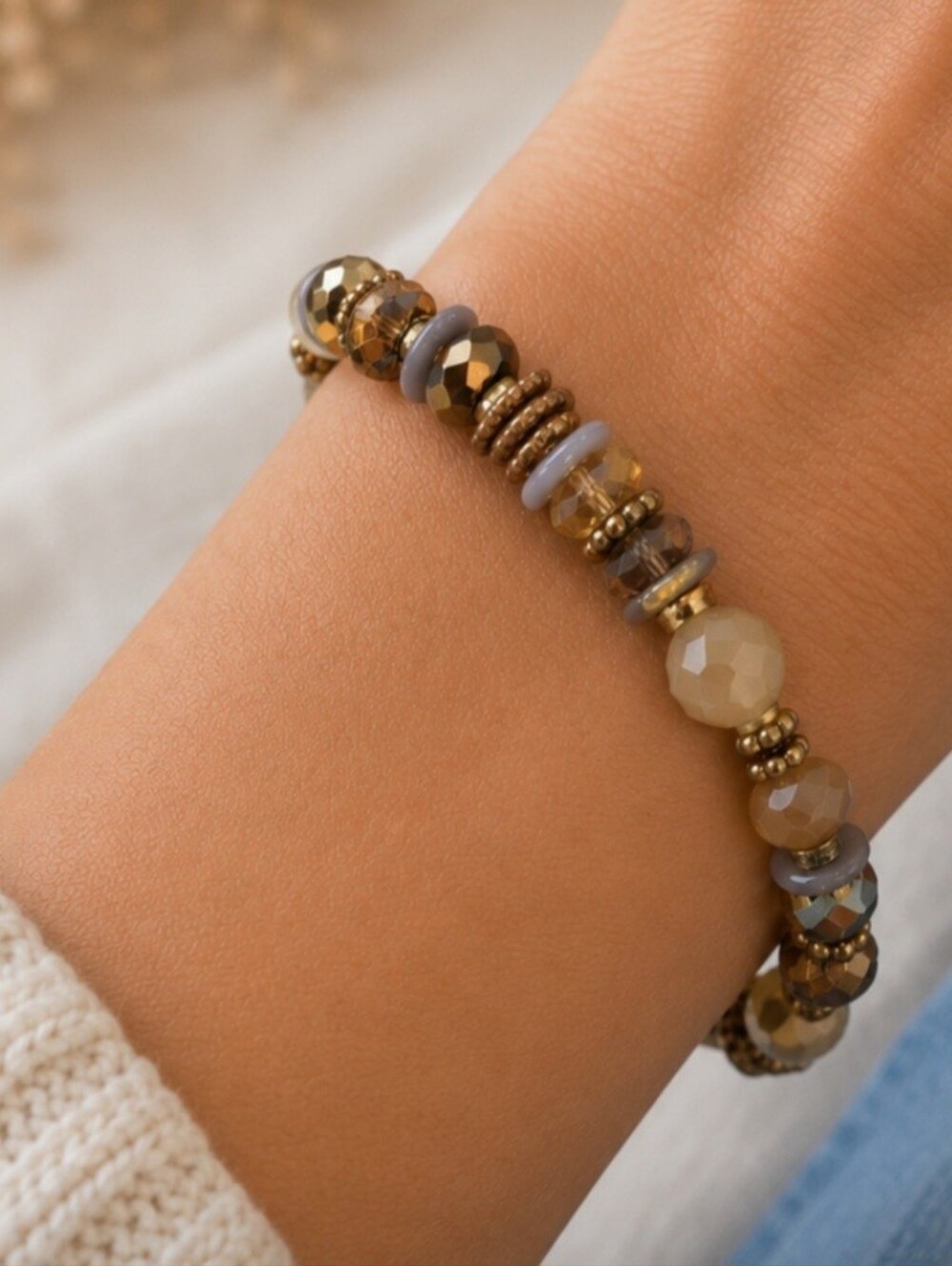 Gold and Brown Glass Bead Stretch Bracelet - Women's Jewelry